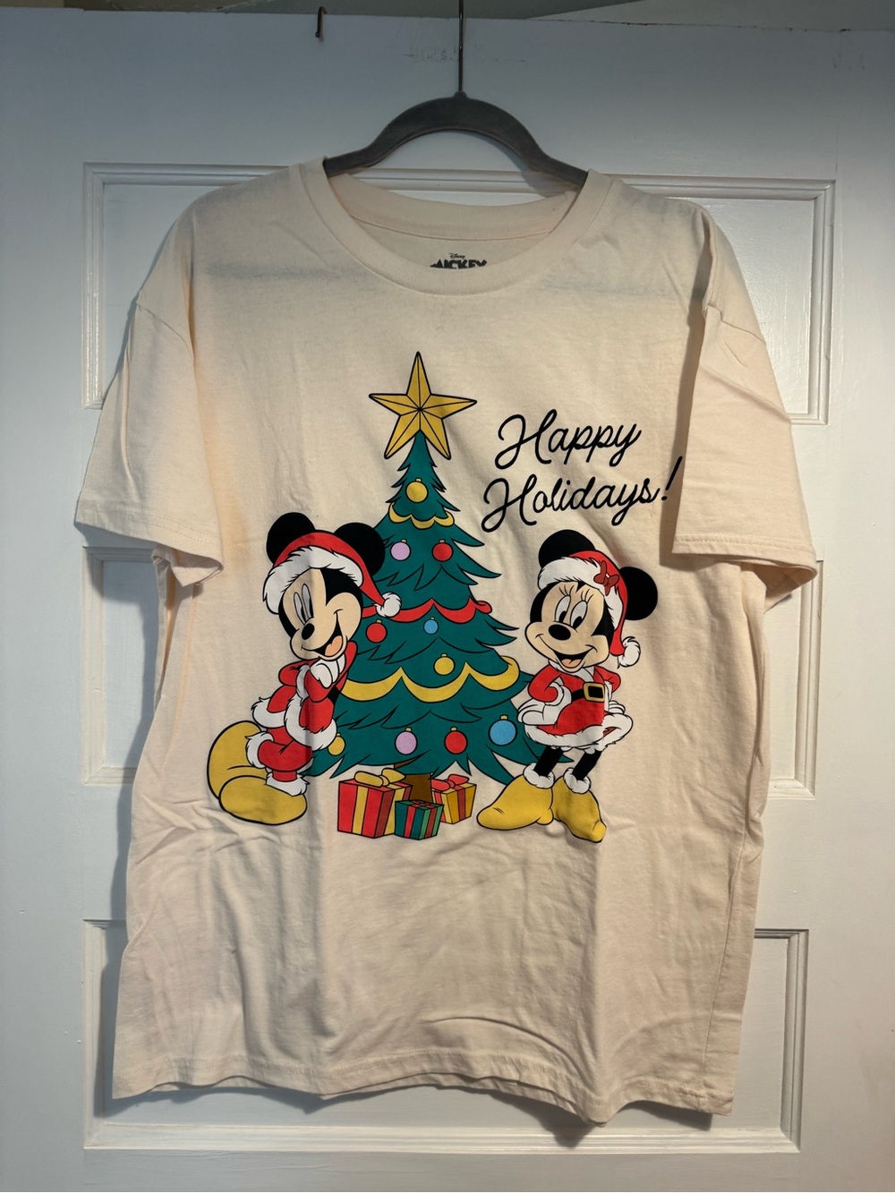 Disney Cream Holiday Tee with Mickey & Minnie and Colorful Tree